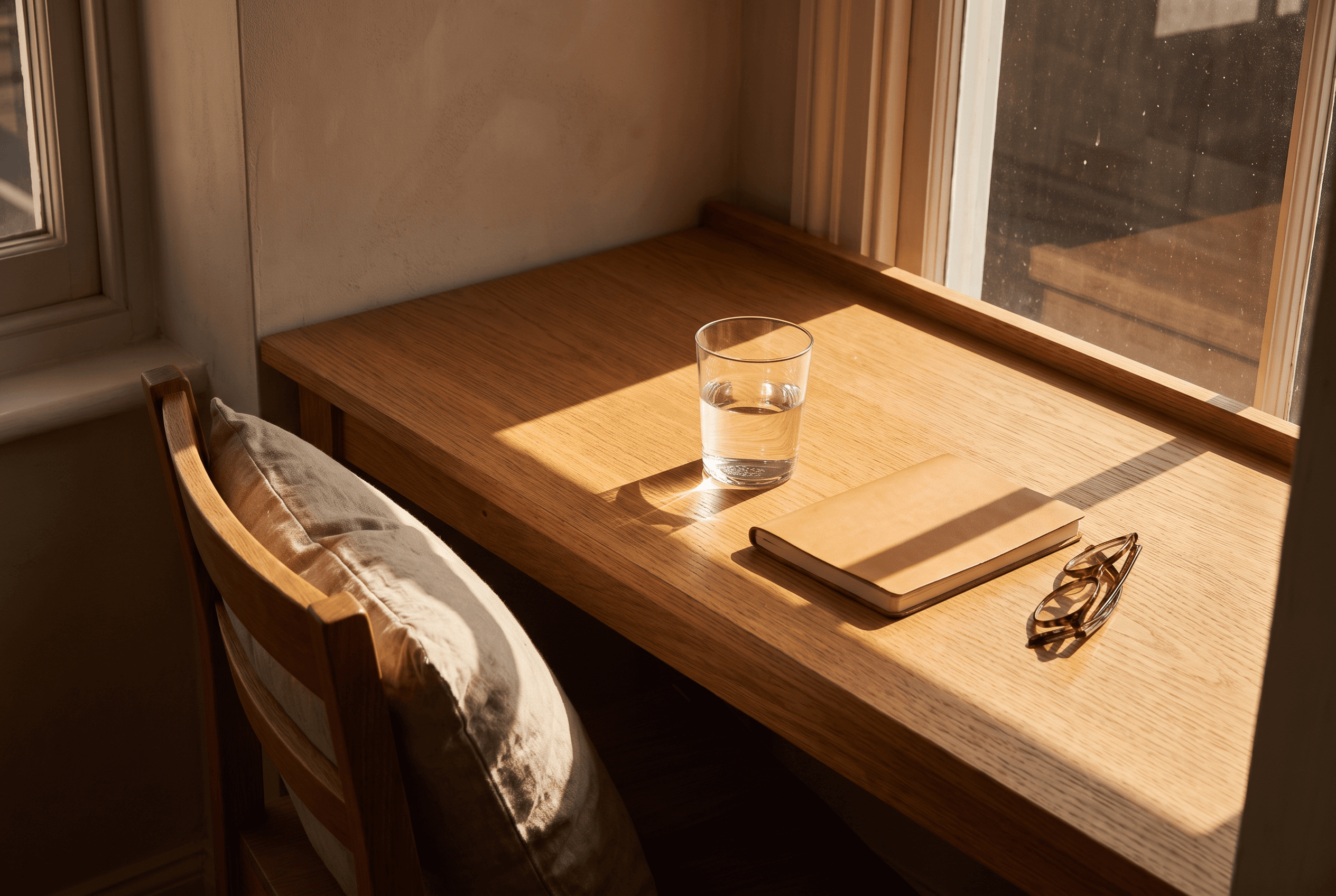 Glass of water, closed notebook and glasses on a sunlit oak desk by a window, with a cushioned chair