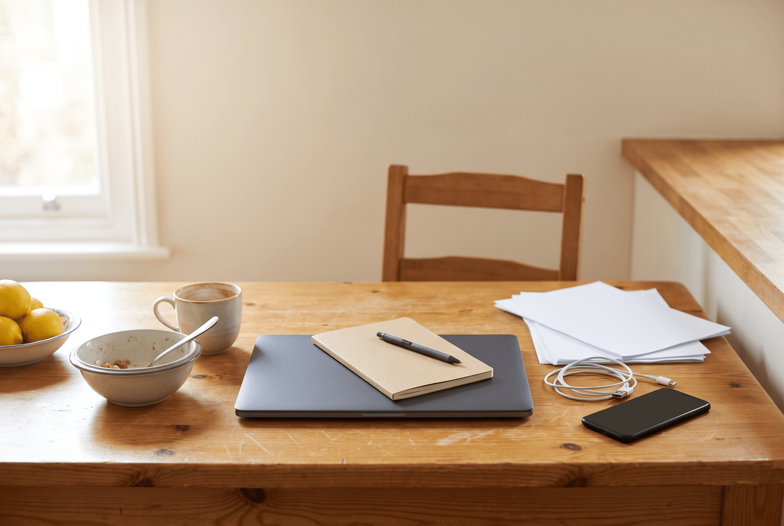 Closed laptop under a notebook and pen on a pine kitchen table beside a cereal bowl, mug, papers and phone