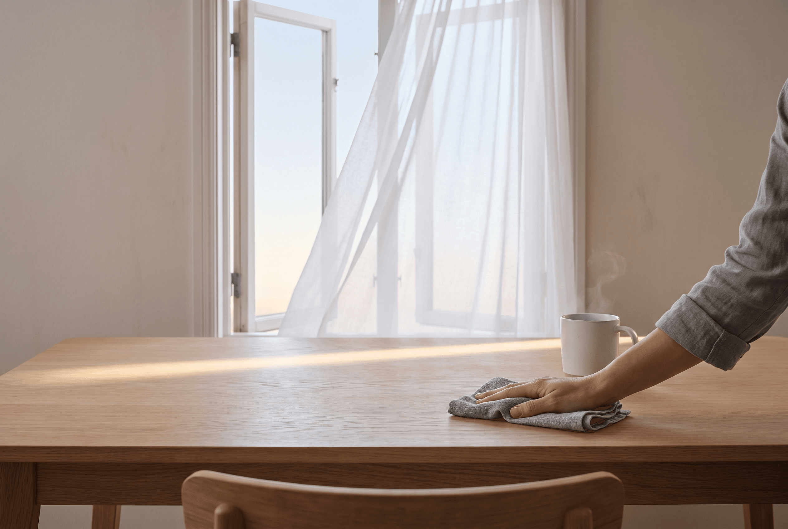 Hand wiping a cleared oak desk with a grey cloth beside a steaming mug, open window and sheer curtain behind