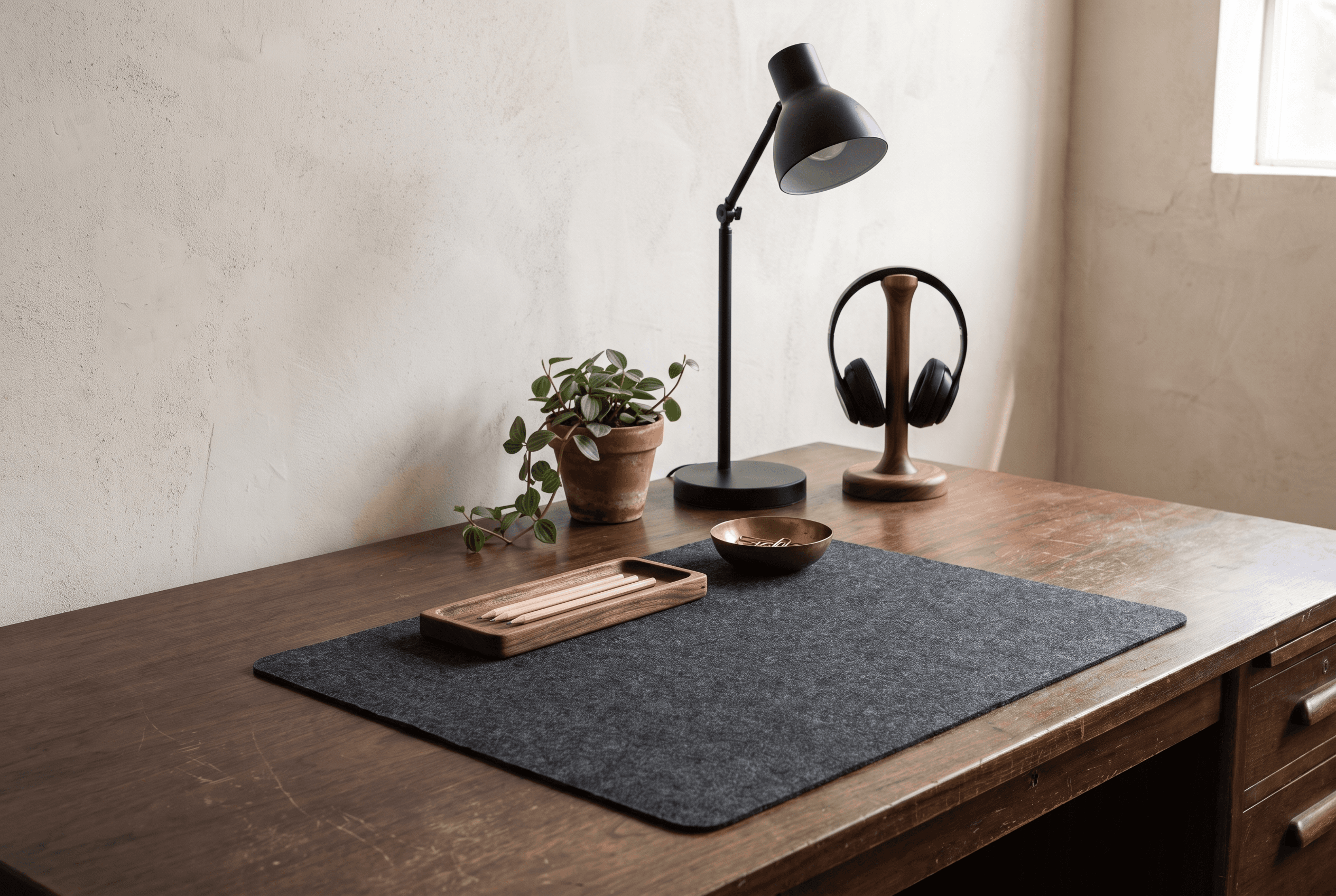 Walnut desk with a felt mat, pencil tray, brass dish, black lamp, potted plant and headphones on a stand