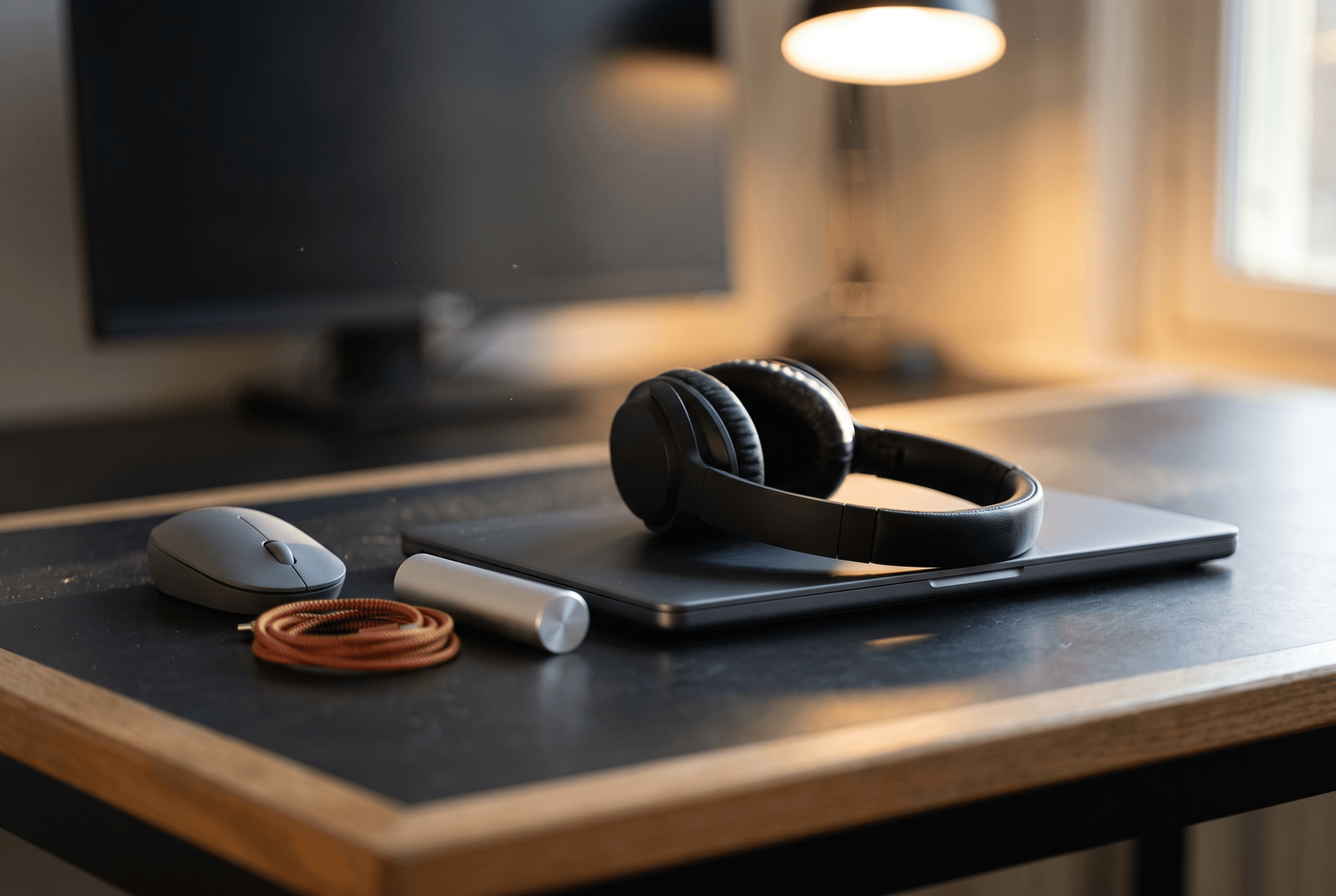 Black over-ear headphones resting on a closed laptop beside a grey mouse, power bank and coiled orange cable