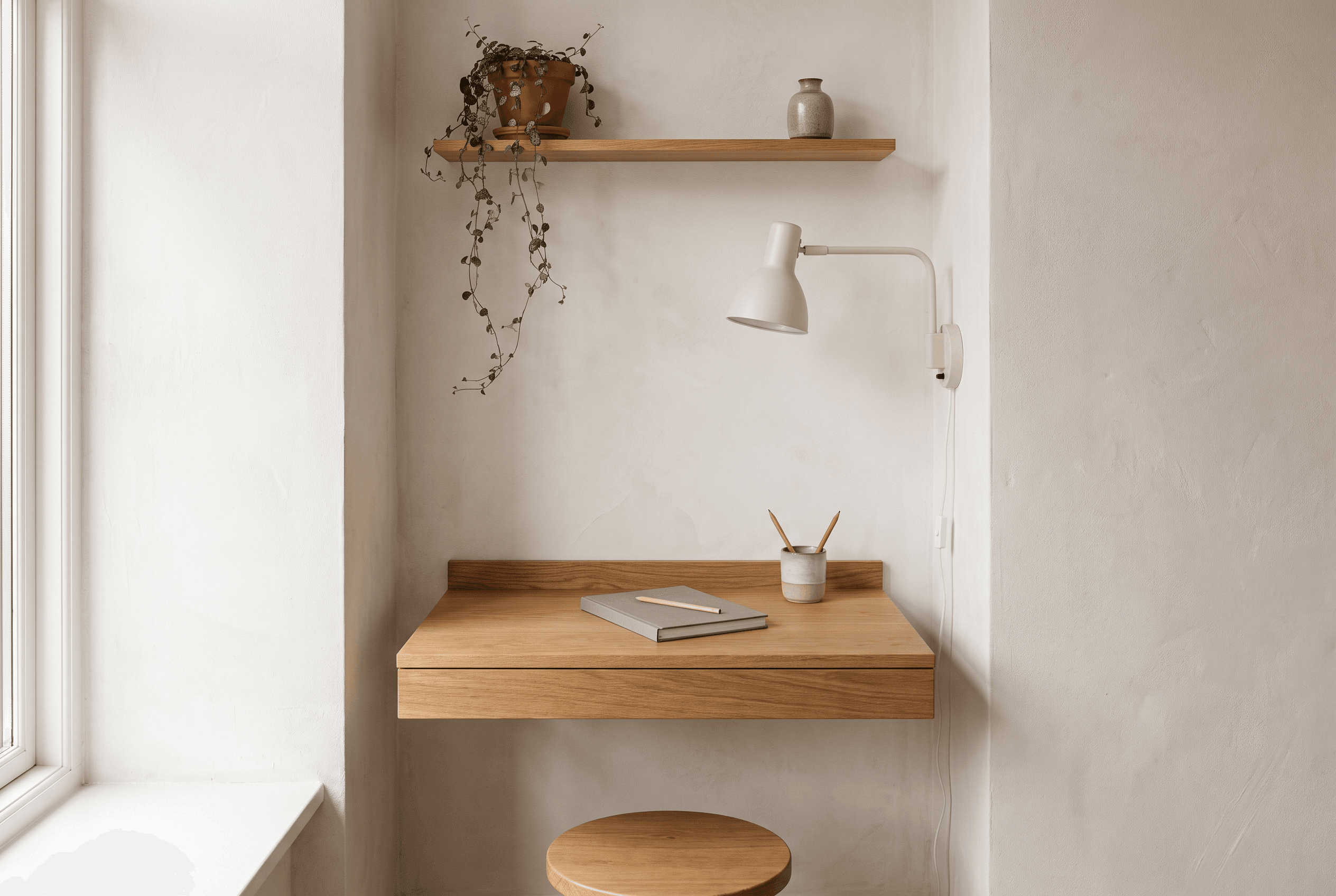 Small floating oak desk in a plaster alcove with a green notebook, pencil cup, cream wall lamp and trailing plant