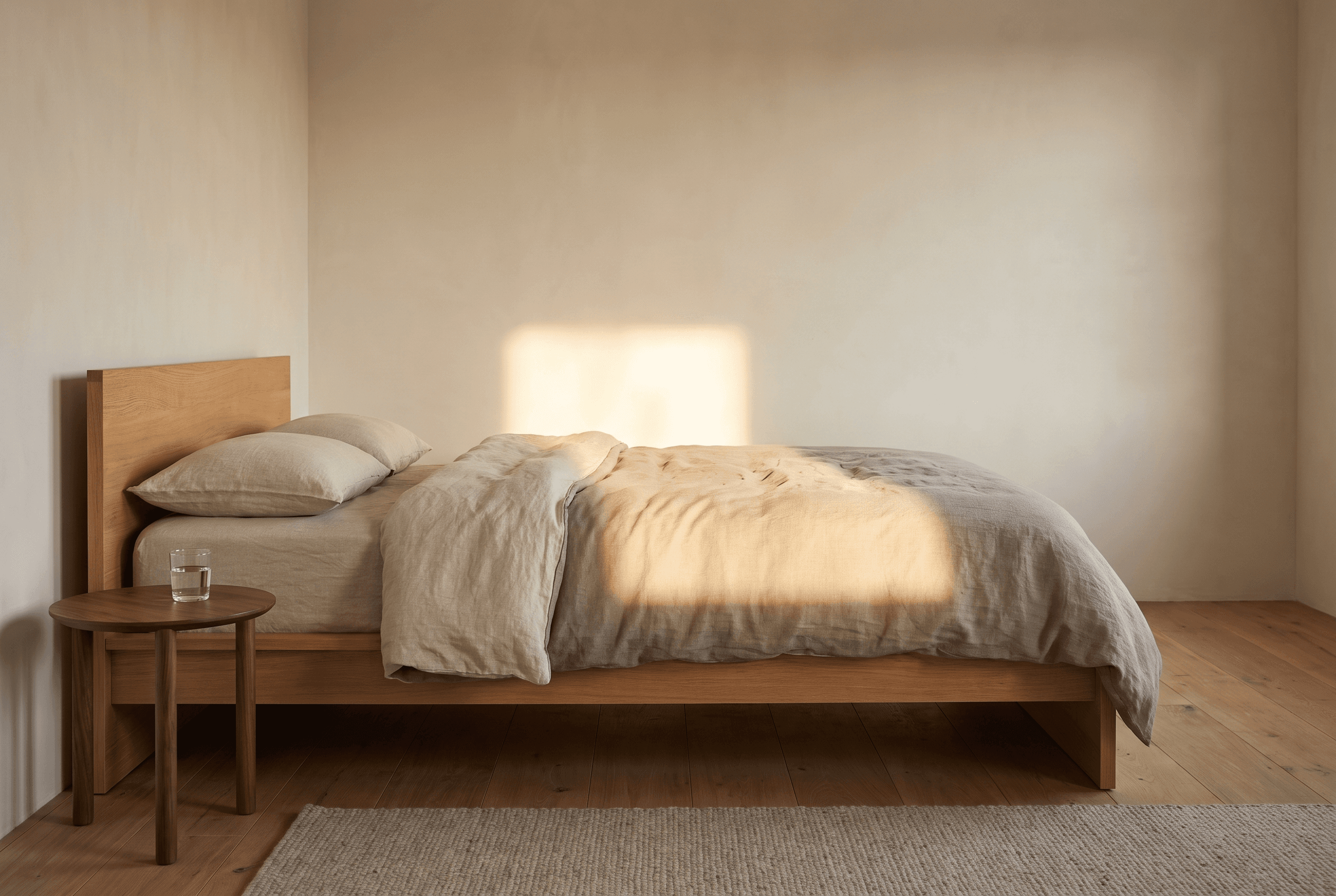 A made bed in oatmeal linen on a low oak frame, early sunlight across it, a glass of water nearby.