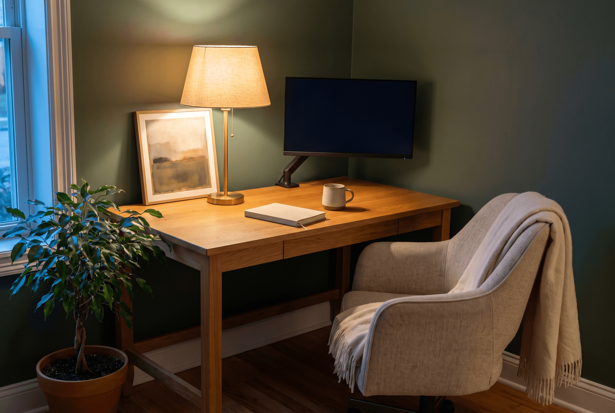 Oak desk in a green-walled corner at dusk with a lit lamp, dark monitor, framed painting, plant and armchair